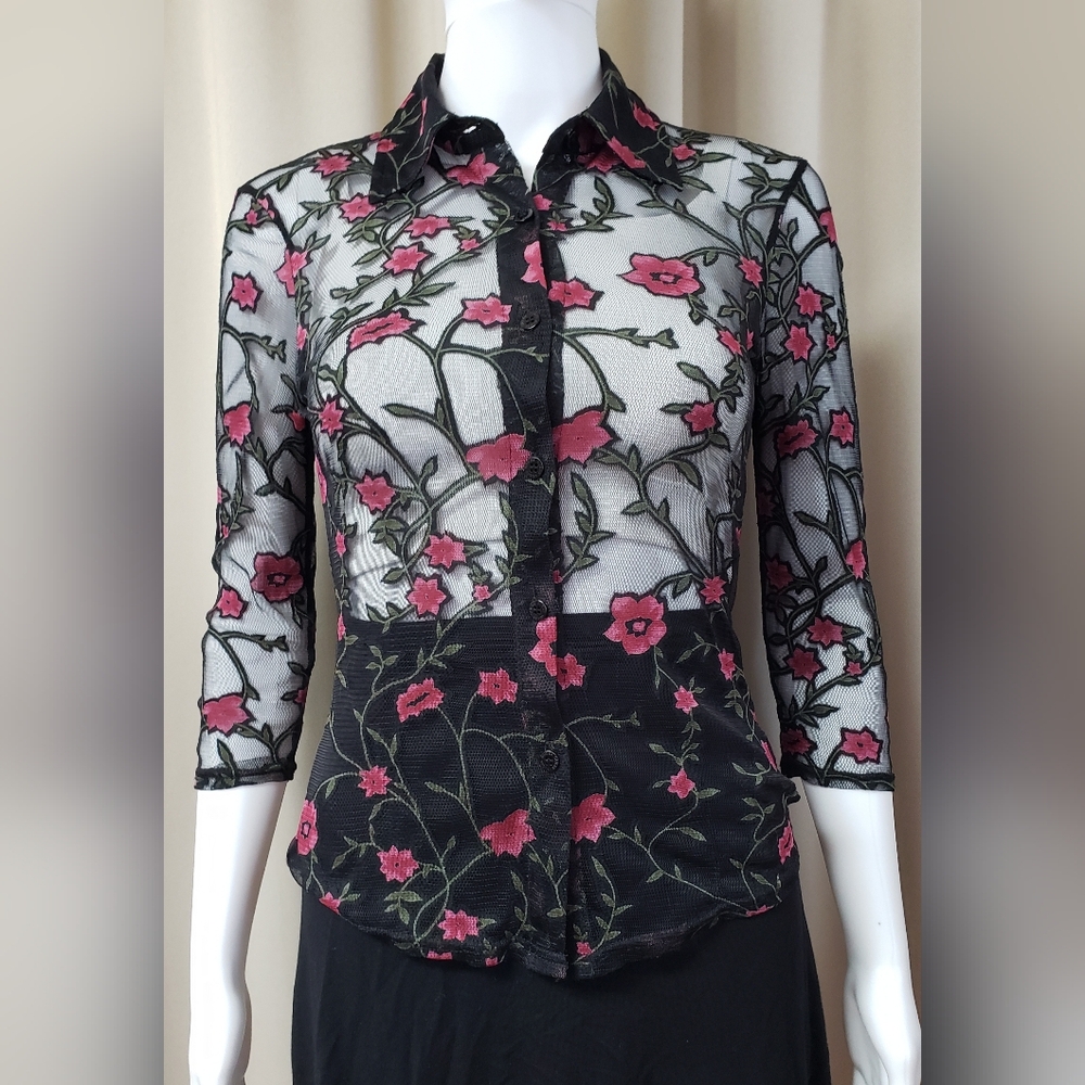 Guess Mesh Button Down Floral Shirt